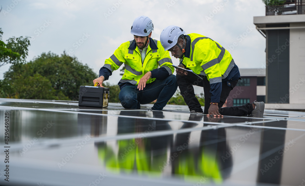 Fototapeta premium Diversity solar engineer men working together with solar panel on rooftop