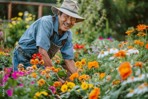 A man wearing a hat is picking flowers in a garden © Ilia Nesolenyi