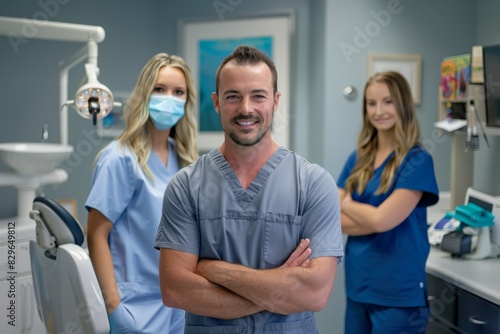 A male dentist and two female dental assistants  all in scrubs  standing together in a dental office room