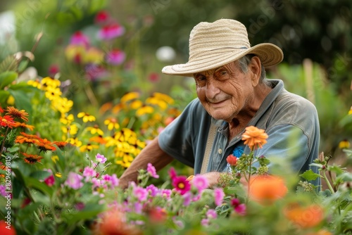 An elderly man diligently working in a field of vibrant flowers, tending to the flowerbeds with care