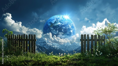 A surreal landscape with a glowing Earth orb in the sky, seen through an open gate. photo
