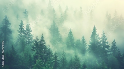 Foggy pine forest in the mountains.