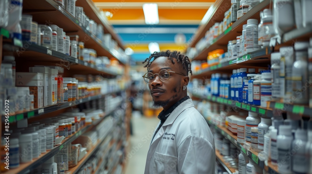 Male pharmacist with stylized hair standing confidently in a pharmacy full of medication shelves Male pharmacist with stylized hair standing confidently in a pharmacy full of medication shelves