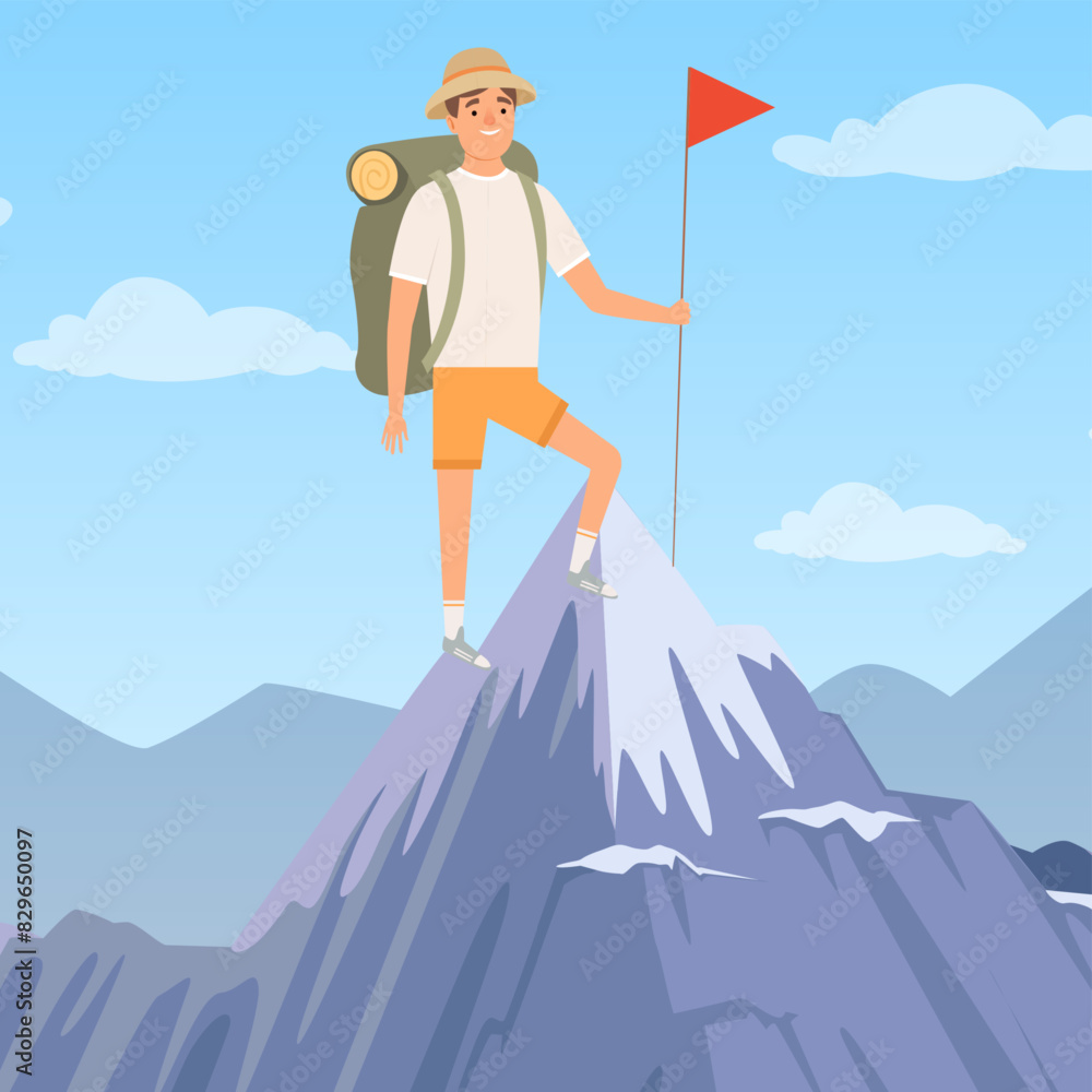 Obraz premium Mountain achievement traveler standing on hills with red pointer business destination concept