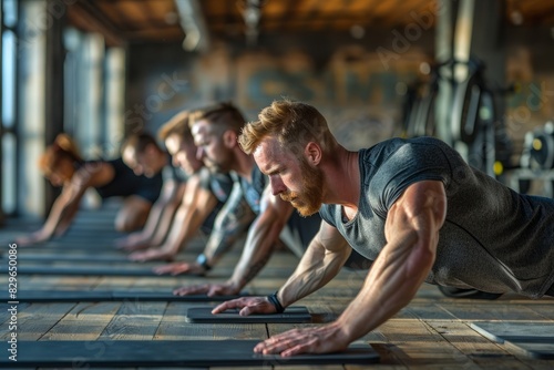 Multiple individuals are exercising their upper bodies by doing push ups in a gym setting, demonstrating strength and endurance during a bodyweight workout session