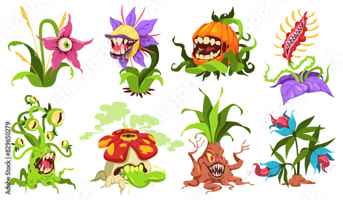 Cartoon monster plants. Carnivore fantastic flora with teeth, eyes, scary flowers, venomous predatory botanical characters, angry ugly creature cartoon flat isolated illustration tidy vector set