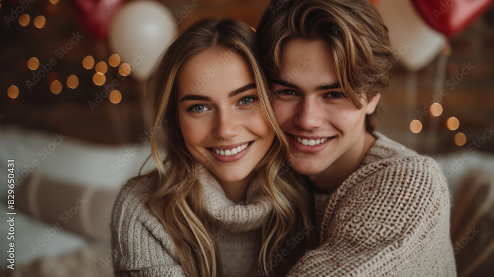Young smiling couple in sweaters embracing with love among heart-shaped balloons