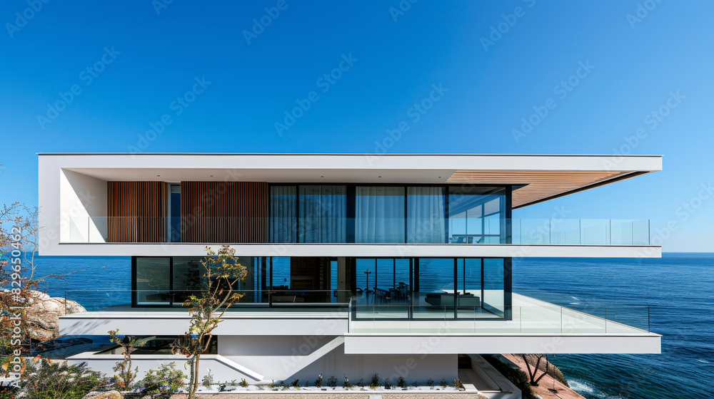 Fototapeta premium Sleek modern home seamlessly blends with scenic sea and sky backdrop.
