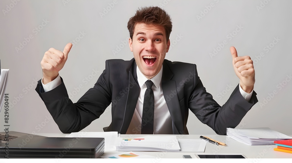 Overjoyed Business Executive Celebrating Successful Accounting Task at Desk Overjoyed Business Executive Celebrating Successful Accounting Task at Desk