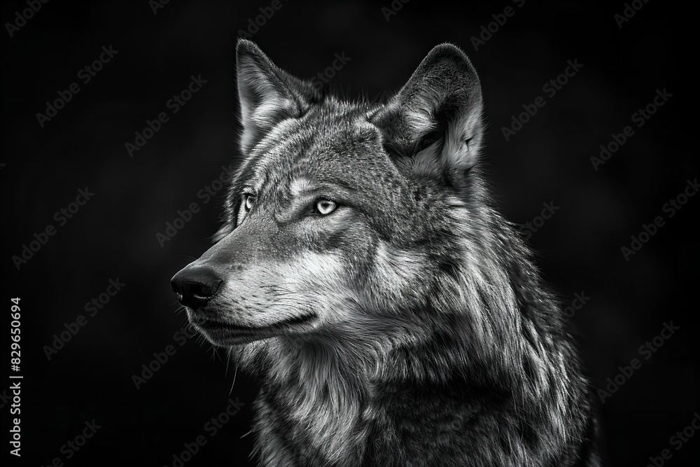 Illustration of  black, white picture of a grey wolf with a dark background