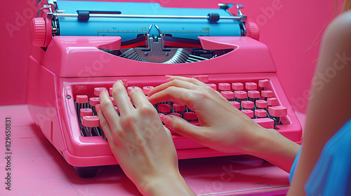 A close-up of hands typing on a vibrant pink vintage typewriter against a pink background photo