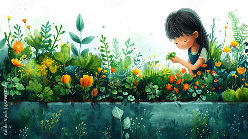 illustration of school garden project student tending raised bed planting seed harvesting fresh produce garden vibrant oasis of greenery bloom row of vegetable herb flower nourished sunlight rain Stud photo