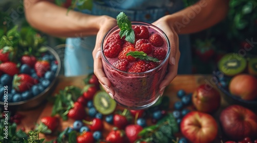 Fototapeta Naklejka Na Ścianę i Meble -  Person preparing a protein-packed smoothie with fruits and yogurt.