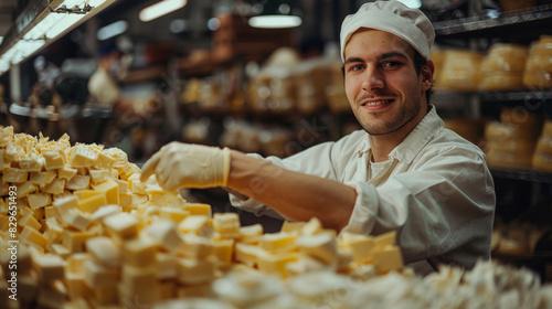 A young male cheesemonger in a chef's uniform smiles as he arranges a variety of cheeses in a shop photo