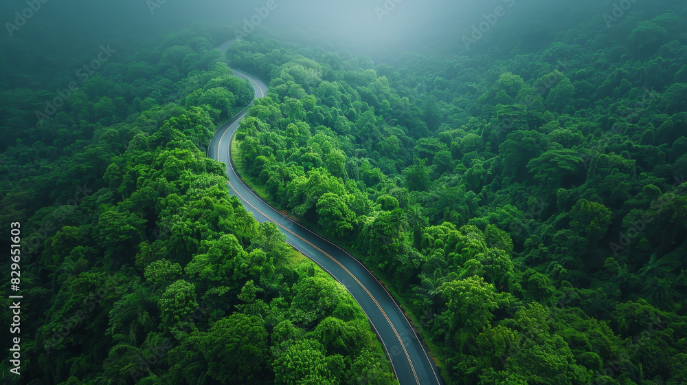 Aerial view of a winding road through lush green forest in the rainy season. Aerial view of a winding road through lush green forest in the rainy season.