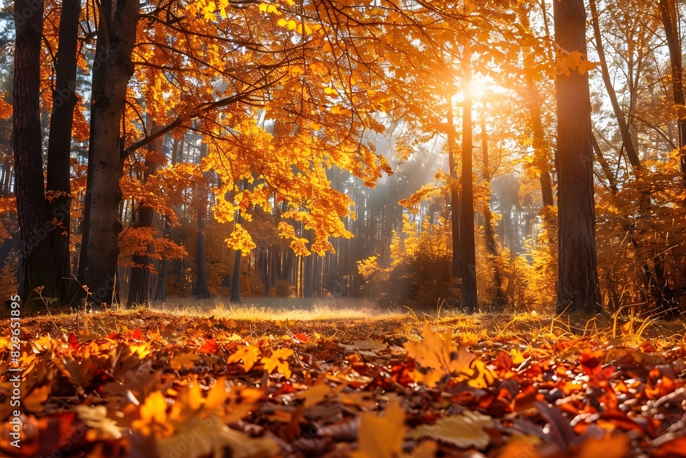 Forest in autumn, orange leaves on trees and fallen leaves.