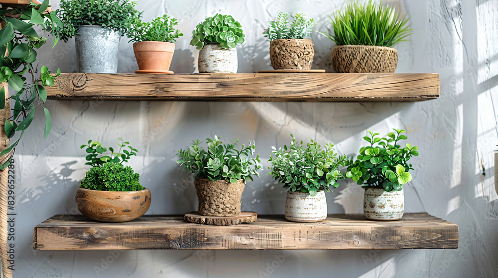 Fototapeta premium Brown wooden floating shelves hanging on a white wall. Green indoor plants in pots stand on shelves 