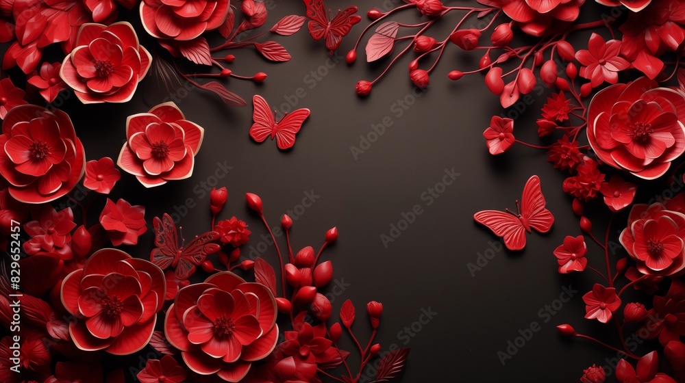 Elegant Red Floral Background with Butterflies and Intricate Designs Elegant Red Floral Background with Butterflies and Intricate Designs