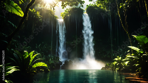 A powerful waterfall cascading into a clear pool surrounded by dense  green rainforest vegetation. Sunlight breaks through the canopy  creating a magical atmosphere with mist rising from the water. 