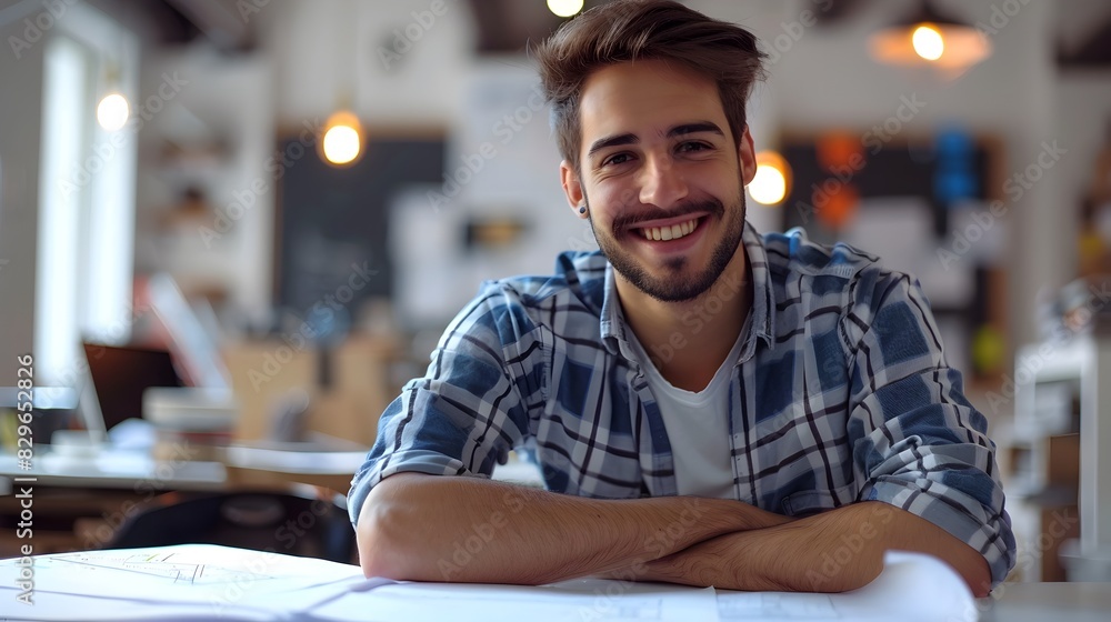 Smiling Young Professional Working at Desk in Office Environment Smiling Young Professional Working at Desk in Office Environment