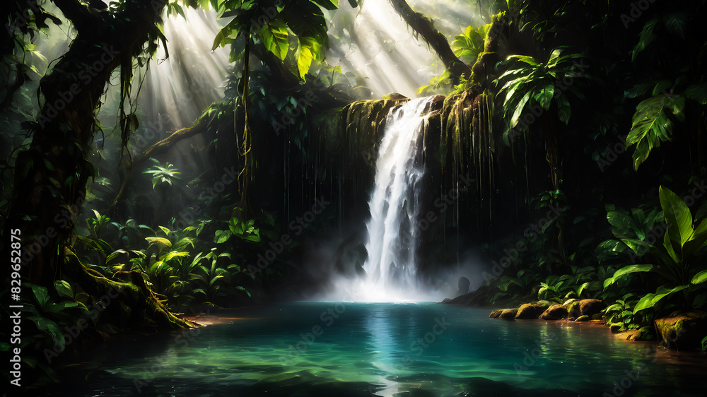 A powerful waterfall cascading into a clear pool surrounded by dense, green rainforest vegetation. Sunlight breaks through the canopy, creating a magical atmosphere with mist rising from the water. A powerful waterfall cascading into a clear pool surrounded by dense, green rainforest vegetation. Sunlight breaks through the canopy, creating a magical atmosphere with mist rising from the water.