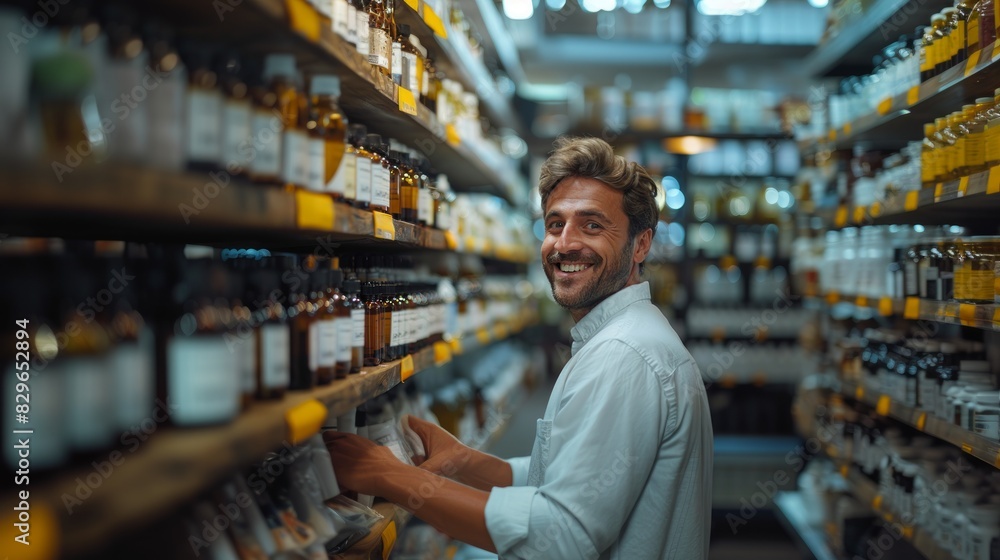 A happy man in a white shirt is shopping in a store aisle full of bottled products, smiling at the camera