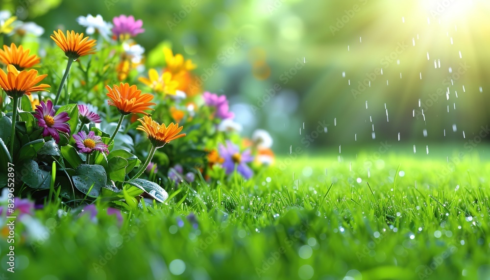 A vibrant flower bed bathed in warm sunlight, with rain drops falling on lush green grass. A vibrant flower bed bathed in warm sunlight, with rain drops falling on lush green grass.