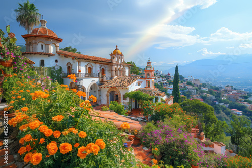 A stunning image of an opulent hacienda with a vibrant floral garden, complete with orange blooms and a background rainbow photo