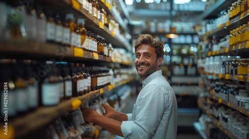 A happy man in a white shirt is shopping in a store aisle full of bottled products, smiling at the camera