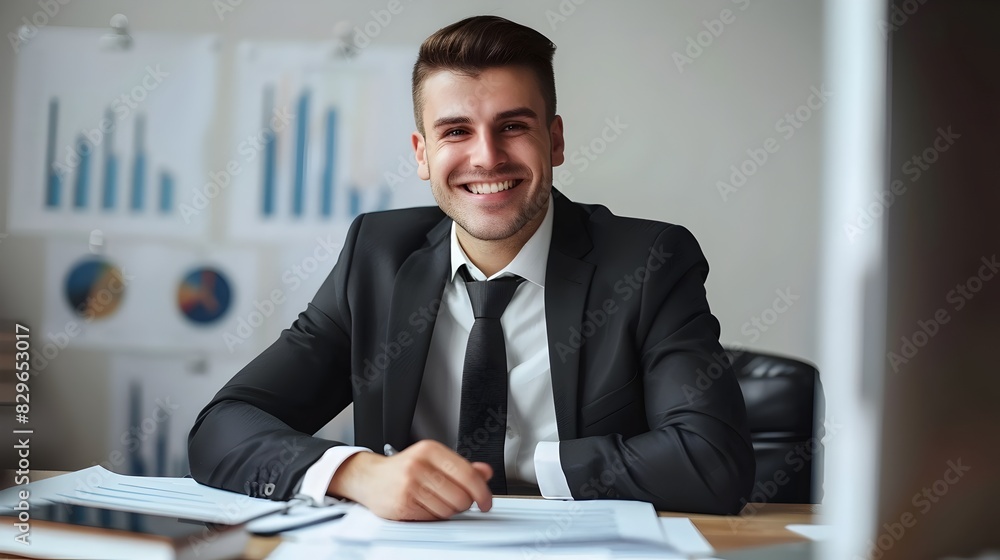 Successful Young Finance Director Smiling at his Desk Successful Young Finance Director Smiling at his Desk