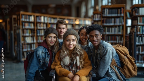 Diverse group of smiling young students posing together in a library, displaying friendship and togetherness
