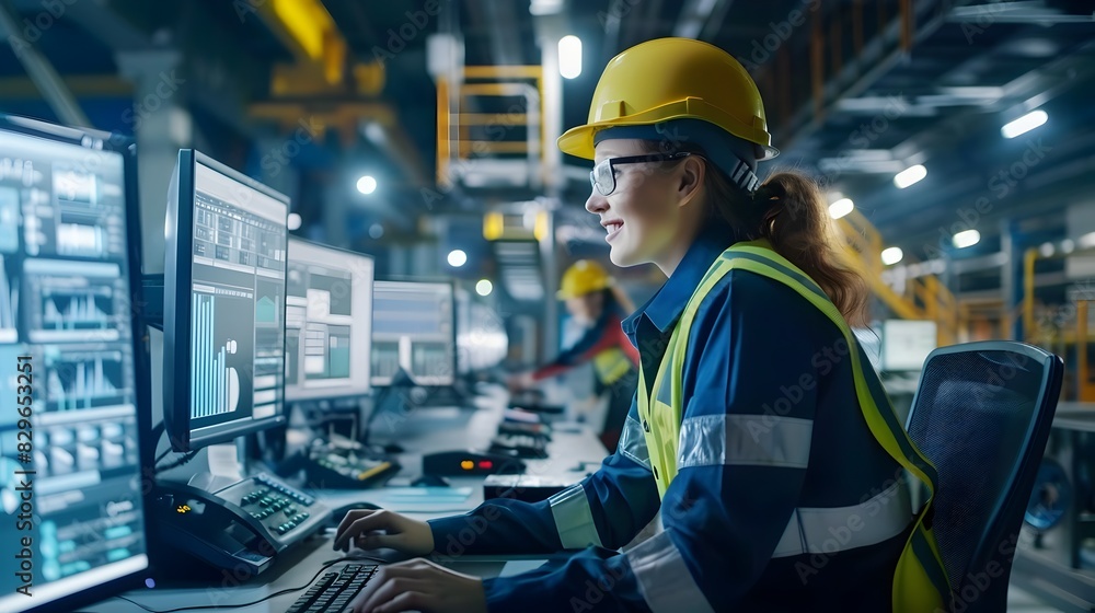 Young Female Engineer Analyzing Industrial Equipment and Processes in Factory Young Female Engineer Analyzing Industrial Equipment and Processes in Factory