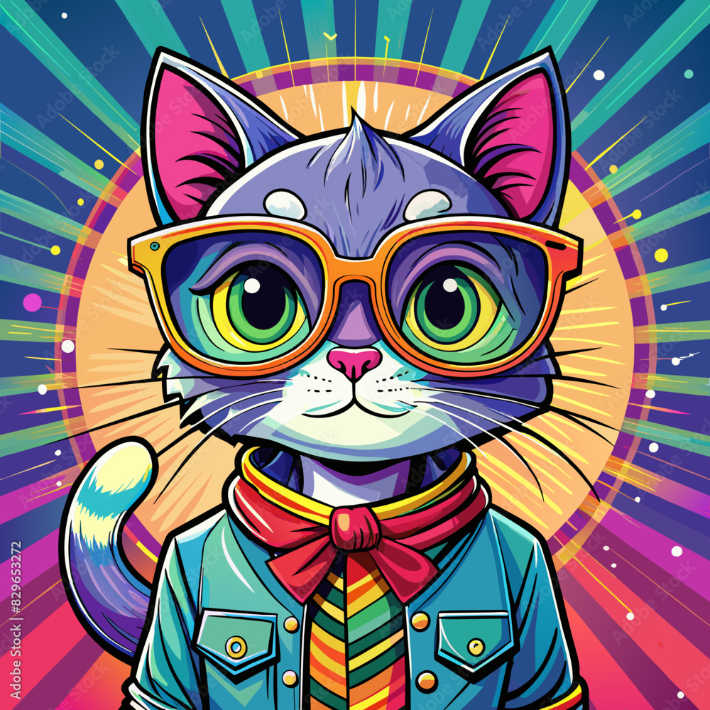 Cartoon Cat cool with Eye glasses. Handrawn colorful illustration Animal graphics
