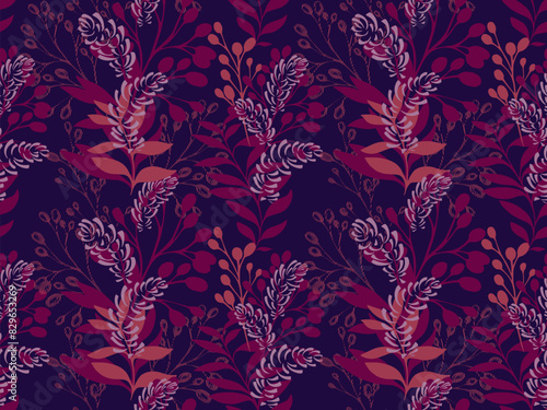 Burgundy seamless pattern with abstract artistic branches, forms leaves on a dark background. Vector hand drawing illustration. Creative shapes floral stems printing. Template for designs
