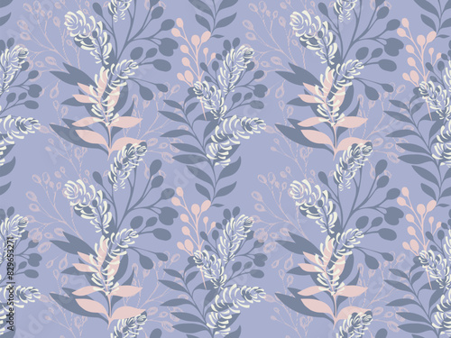 Abstract artistic jungle seamless pattern with shapes branches, leaves, creative shapes. Pastel unique botanical printing on a blue background. Vector hand drawing sketch. Collage template design