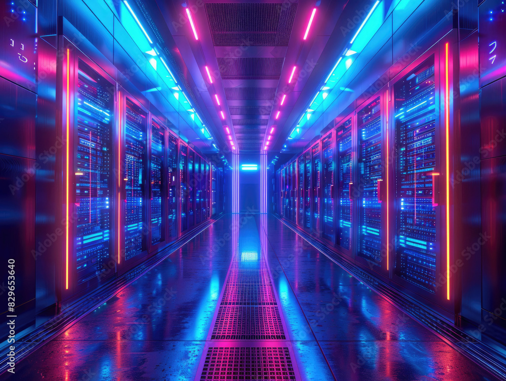 A futuristic server room illuminated with pink and blue lights. A futuristic server room illuminated with pink and blue lights.