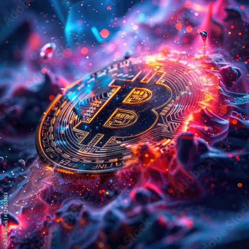 A glowing Bitcoin coin engulfed in flames and ethereal smoke, representing the volatility and power of cryptocurrency.