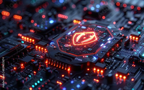 A glowing red shield symbol on a circuit board, representing digital security and protection. photo