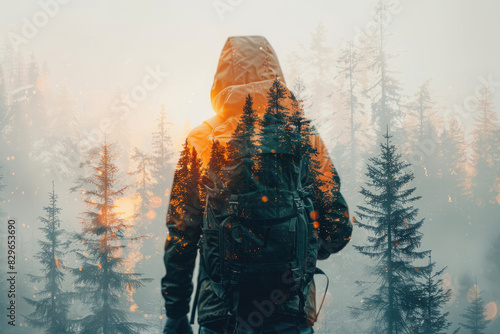 A hooded figure stands in a misty forest, with the trees seemingly merging with their form, creating a surreal and captivating image.