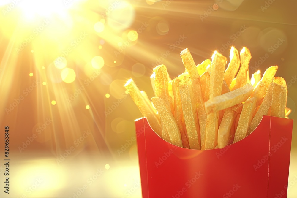 3d illustration of fast food french fries in red paper box on blurred background 3d illustration of fast food french fries in red paper box on blurred background