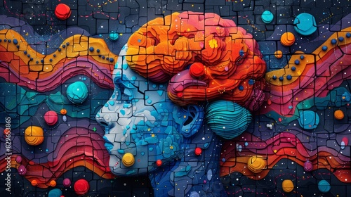 A striking and colorful artistic representation of the human brain on a textured background