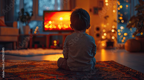 A young child sits on the floor, engrossed in watching television in a dimly lit room decorated with Christmas lights.