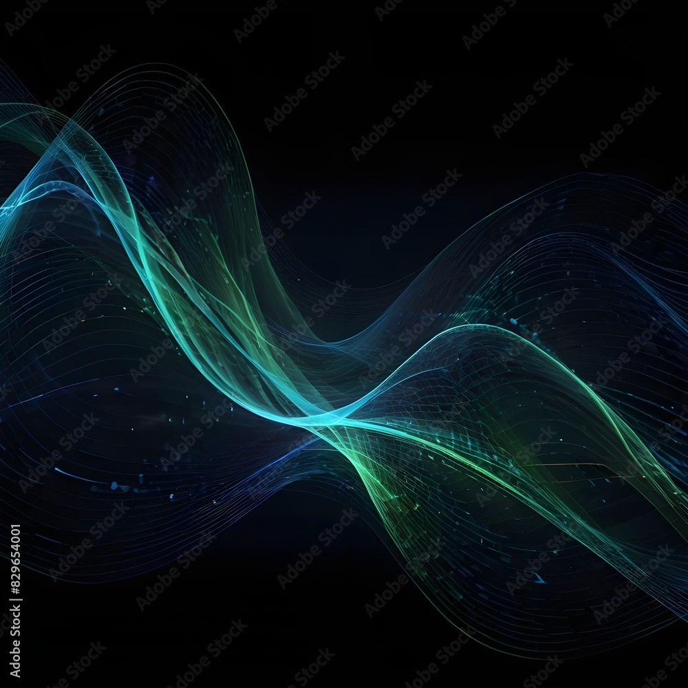 Abstract vector light lines that flow dynamically in blue-green hues, isolated on a black background, for the idea of artificial intelligence, digital technology, communication, 5G, science, and music