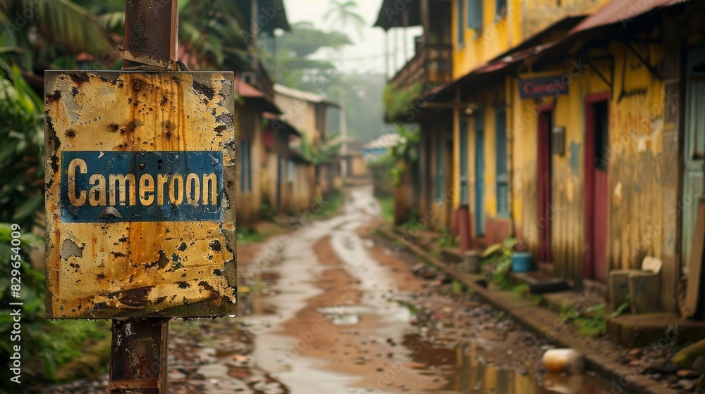 An old, rusty street sign reading 'Cameroon' with a worn-out appearance, located in a small street with traditional houses on a foggy day