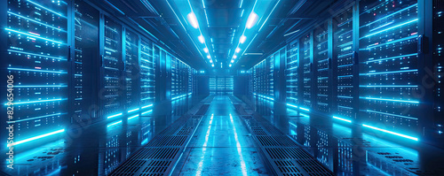 Blue illuminated server room with glowing lines.