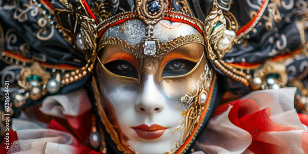 Portrait of a man in a carnival mask, close-up. The outfit is in red and white with shiny inserts. Festive clothes for costume ball. Traditional Venetian carnival mask in Venice,