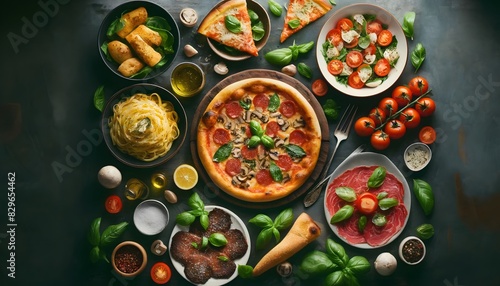 A delectable spread of Italian cuisine featuring a pizza, pasta, salad, garlic bread, fresh tomatoes, basil, and assorted ingredients, showcasing a variety of traditional dishes. 