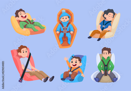 Baby car seat. Kids special safety places in transport kids passengers exact vector cartoon illustrations