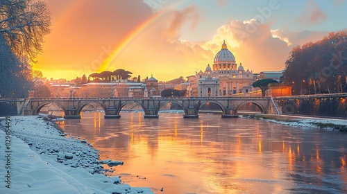 Beautiful sunset with a double rainbow over the Vatican City and a bridge spanning over the Tiber River, snow on the riverside photo