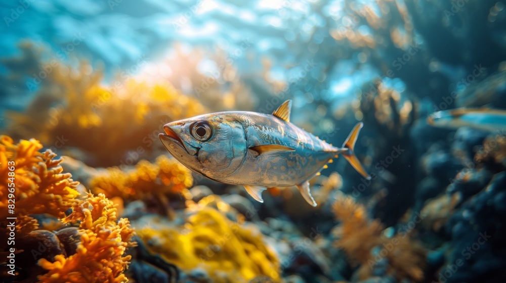 Naklejka premium An eye-catching tropical fish swimming among colorful coral reefs under the sea